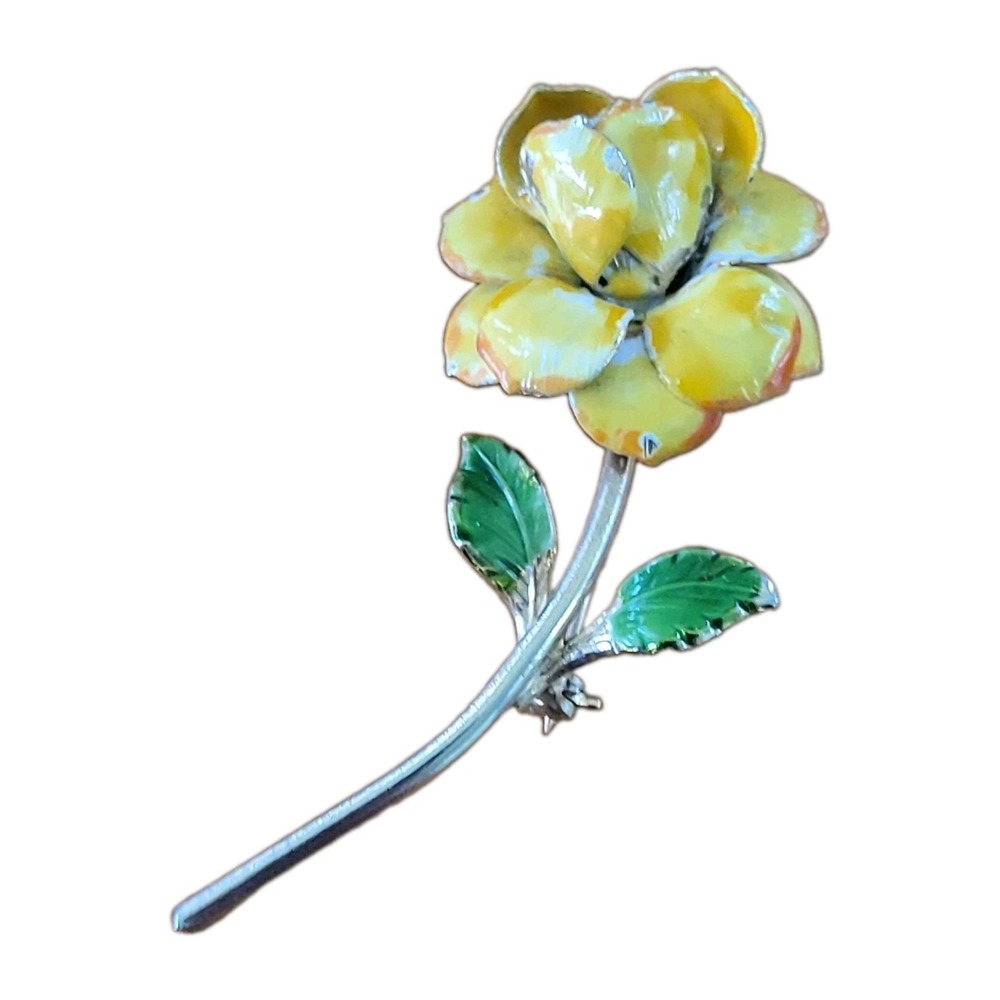 Vintage GIOVANNI Yellow Enamel Rose Flower Brooch Green Leaf Pin 2.75in